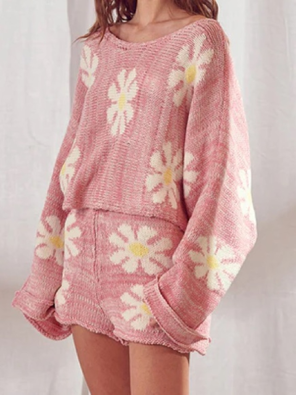Off-the-Shoulder Pink Daisy Knit Sweater - Picture 5 of 5